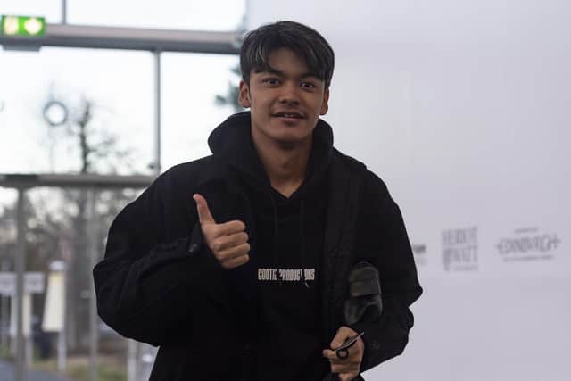 New Hearts signing Yutaro Oda arrives at the Oriam. (Photo by Mark Scates / SNS Group)