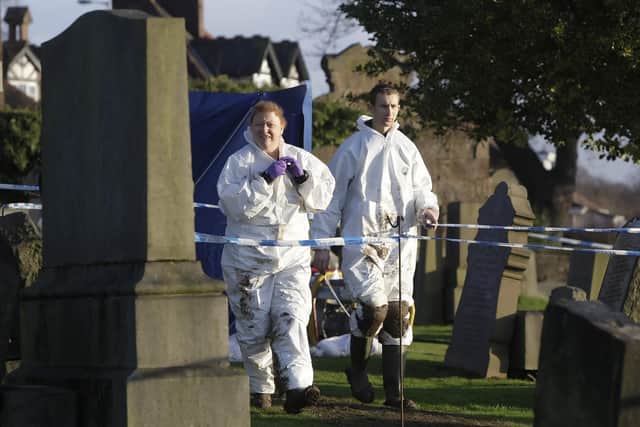 Forensic anthropologist Sue Black (left) at Old Monkland Cemetery in Coatbridge in 2013 at an exhumation of a gravesite in the search for the remains of a schoolgirl Moira Anderson.