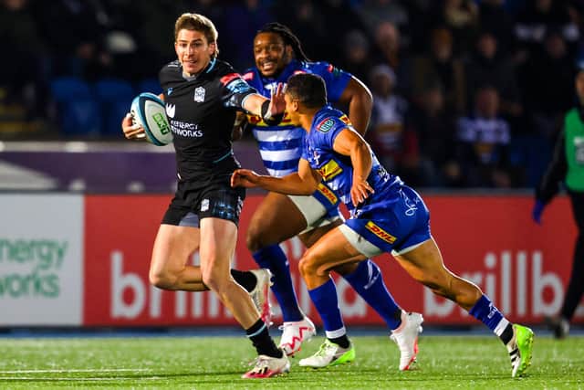 Glasgow Warriors winger Sebastian Cancelliere on the attack against DHL Stormers during the BKT URC match at Scotstoun Stadium.  (Photo by Ross MacDonald / SNS Group)