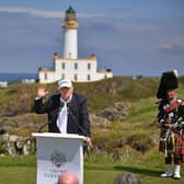 Donald Trump holds a press conference on the ninth tee at the official opening of the Trump Turnberry resort in June, 2016. Picture: Jeff J Mitchell/Getty Images.