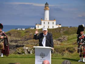 Donald Trump holds a press conference on the ninth tee at the official opening of the Trump Turnberry resort in June, 2016. Picture: Jeff J Mitchell/Getty Images.