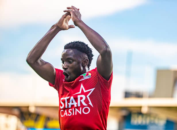 Fashion Sakala celebrates one of his two goals in his last match for Oostende against Mechelen last week ahead of his summer move to Rangers. (Photo by KURT DESPLENTER/BELGA MAG/AFP via Getty Images)