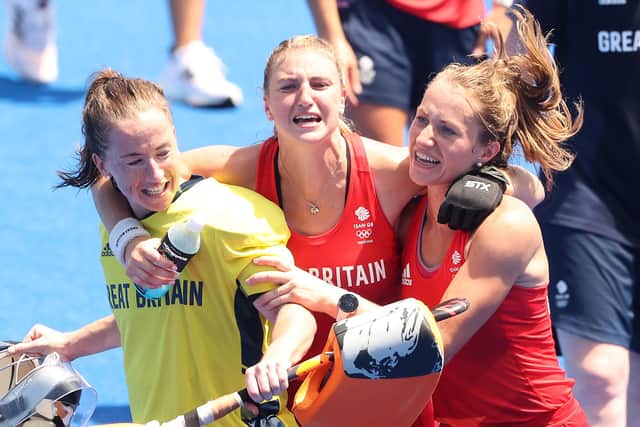 Freddie's sister, Lily Owsley, centre, celebrates with team-mate after helping Britain win the hockey bronze medal at the Tokyo 2020 Olympics. She was also part of the gold-medal winning squad in Rio in 2016. Picture: Alexander Hassenstein/Getty Images