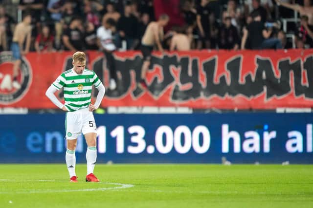 Celtic's Stephen Welsh at full time after the Champions League defeat to FC Midtjylland (Photo by Claus Fisker / SNS Group)