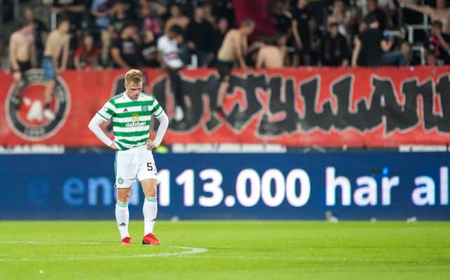 Celtic's Stephen Welsh at full time after the Champions League defeat to FC Midtjylland (Photo by Claus Fisker / SNS Group)