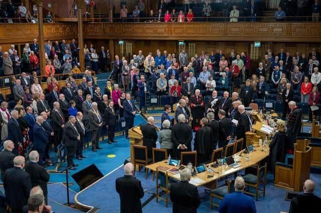 This year's General Assembly is a hybrid gathering with 400 commissioners in the hall and another 200 taking part online. Picture: Andrew O'Brien.