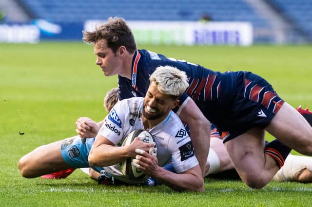 Adam Hastings, playing at full-back, goes over for Glasgow Warriors' third try. Picture: Ross MacDonald/SNS