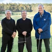 Co-directors John Colquhoun, inventor Fraser Mann and DJ Russell show off the GEM training aid at Archerfield Links.