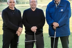 Co-directors John Colquhoun, inventor Fraser Mann and DJ Russell show off the GEM training aid at Archerfield Links.