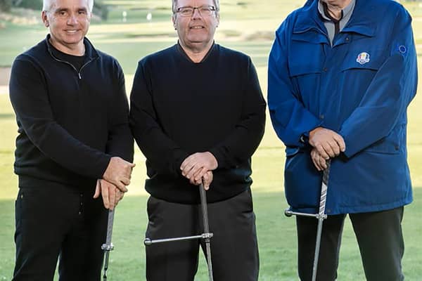 Co-directors John Colquhoun, inventor Fraser Mann and DJ Russell show off the GEM training aid at Archerfield Links.