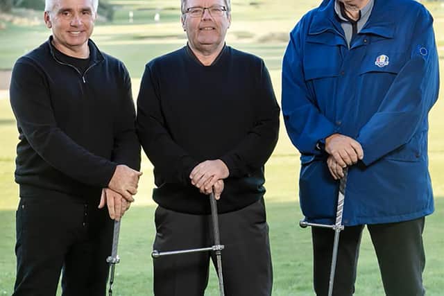Co-directors John Colquhoun, inventor Fraser Mann and DJ Russell show off the GEM training aid at Archerfield Links.