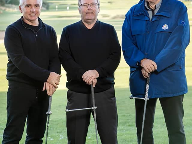 Co-directors John Colquhoun, inventor Fraser Mann and DJ Russell show off the GEM training aid at Archerfield Links.