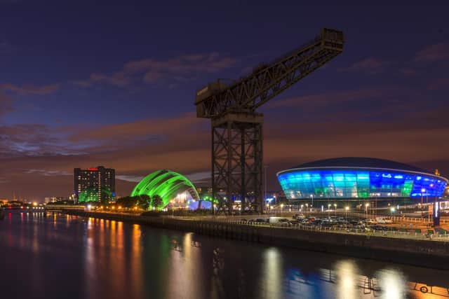 A night-time view of the SEC in Glasgow.