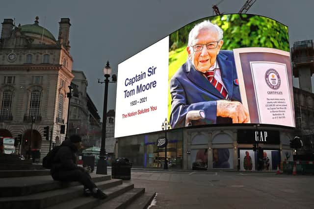 A tribute to Captain Sir Tom Moore is seen on the advertising hoarding at Piccadilly Circus. Picture: Chris Jackson/Getty Images