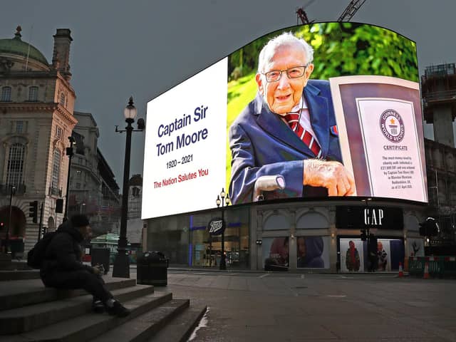 A tribute to Captain Sir Tom Moore is seen on the advertising hoarding at Piccadilly Circus. Picture: Chris Jackson/Getty Images