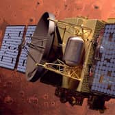 A demonstration of what the probe would look like as it approaches Mars (Picture: MBRSC)