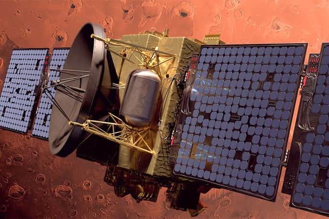 A demonstration of what the probe would look like as it approaches Mars (Picture: MBRSC)