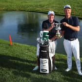 Adrian Meronk celebrates with his caddie, Eskbank man Stuart Beck, after the Pole's win in the DS Automobiles Italian Open at Marco Simone Golf Club. Picture: Andrew Redington/Getty Images.