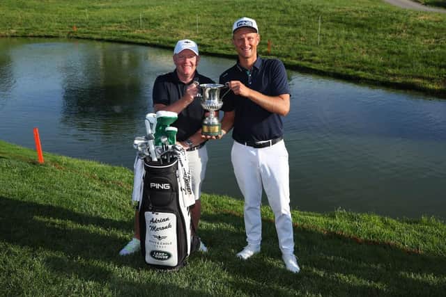Adrian Meronk celebrates with his caddie, Eskbank man Stuart Beck, after the Pole's win in the DS Automobiles Italian Open at Marco Simone Golf Club. Picture: Andrew Redington/Getty Images.