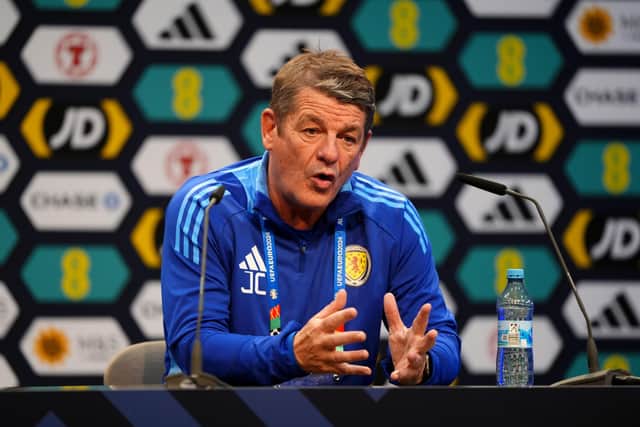Scotland assistant manager John Carver speaks during a press conference.
