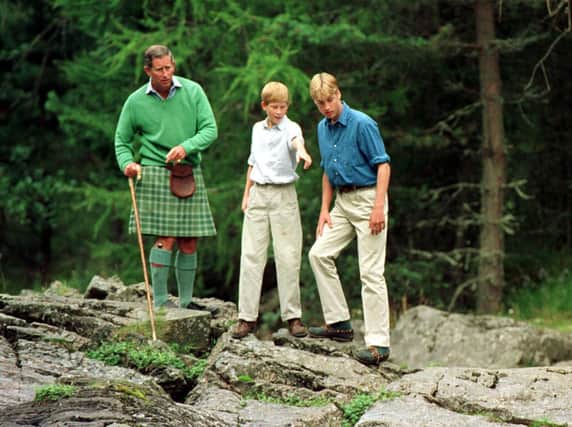 Prince William, his brother Harry and father, now King Charles, pictured at Balmoral Castle around a fortnight before the death of Diana, the Princess of Wales. PIC: PA.
