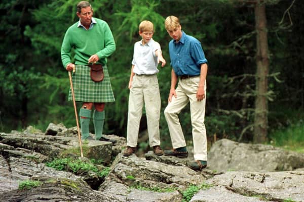 Prince William, his brother Harry and father, now King Charles, pictured at Balmoral Castle around a fortnight before the death of Diana, the Princess of Wales. PIC: PA.