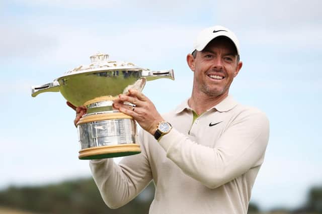 Rory McIlroy shows off the trophy after winning the Genesis Scottish Open at The Renaissance Club in East Lothian,. Picture: Jared C. Tilton/Getty Images.