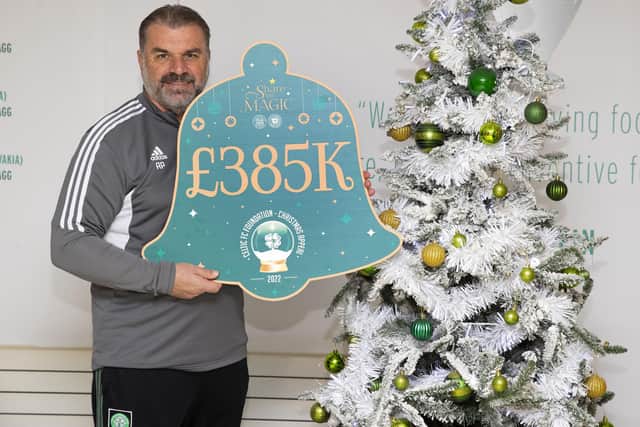 Ange Postecoglou promotes the Celtic Foundation Christmas Appeal success in raising £385,000 at the club's Lennoxtown training ground. (Photo by Alan Harvey / SNS Group)