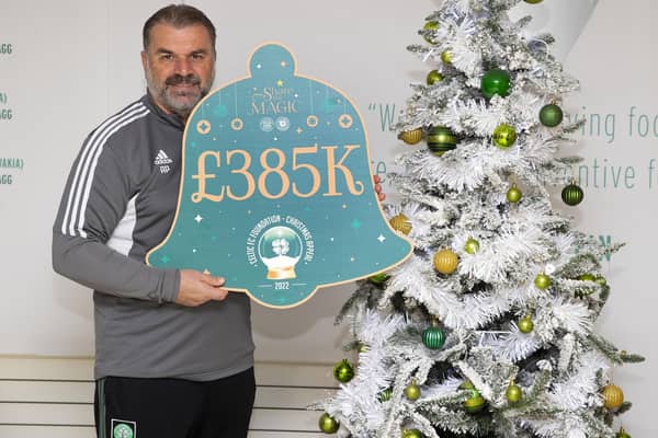 Ange Postecoglou promotes the Celtic Foundation Christmas Appeal success in raising £385,000  at the club's Lennoxtown training ground. (Photo by Alan Harvey / SNS Group)