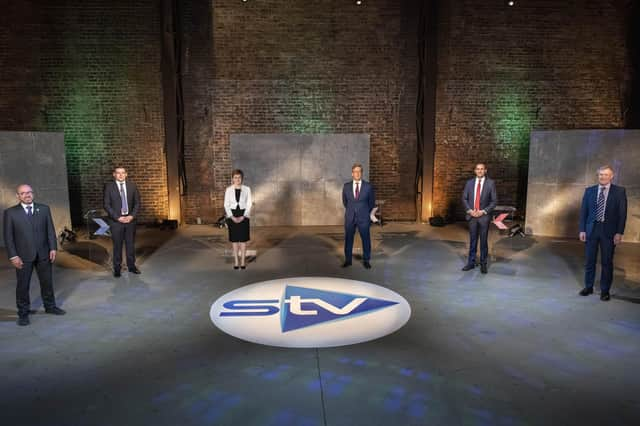 The five leaders of Scotland's main political parties (L-R) Patrick Harvie, co-leader of the Scottish Green Party, Douglas Ross, Scottish Conservatives, Nicola Sturgeon, Scottish National Party, host Colin Mackay, Anas Sarwar, Scottish Labour and Willie Rennie, Scottish Liberal Democrats. Picture: STV / Kirsty Anderson via Getty Images