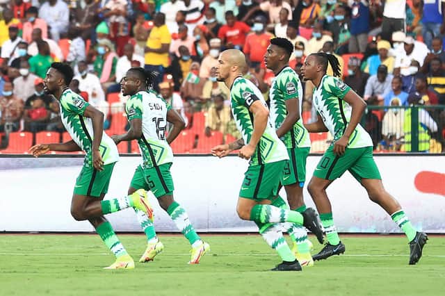 Joe Aribo, far right, celebrates with his Nigeria team-mates during the win over Sudan