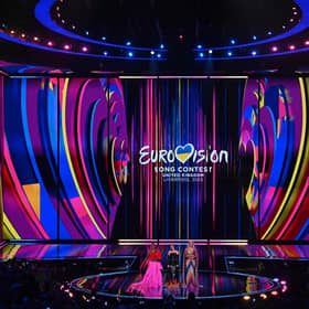Eurovision 2023 hosts Alesha Dixon, Ukrainian singer Julia Sanina and English actress Hannah Waddingham present the first semi-final at the M&S Bank Arena in Liverpool. Photo: Paul Ellis/AFP via Getty Images