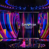 Eurovision 2023 hosts Alesha Dixon, Ukrainian singer Julia Sanina and English actress Hannah Waddingham present the first semi-final at the M&S Bank Arena in Liverpool. Photo: Paul Ellis/AFP via Getty Images