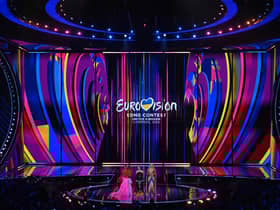 Eurovision 2023 hosts Alesha Dixon, Ukrainian singer Julia Sanina and English actress Hannah Waddingham present the first semi-final at the M&S Bank Arena in Liverpool. Photo: Paul Ellis/AFP via Getty Images