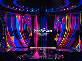 Eurovision 2023 hosts Alesha Dixon, Ukrainian singer Julia Sanina and English actress Hannah Waddingham present the first semi-final at the M&S Bank Arena in Liverpool. Photo: Paul Ellis/AFP via Getty Images