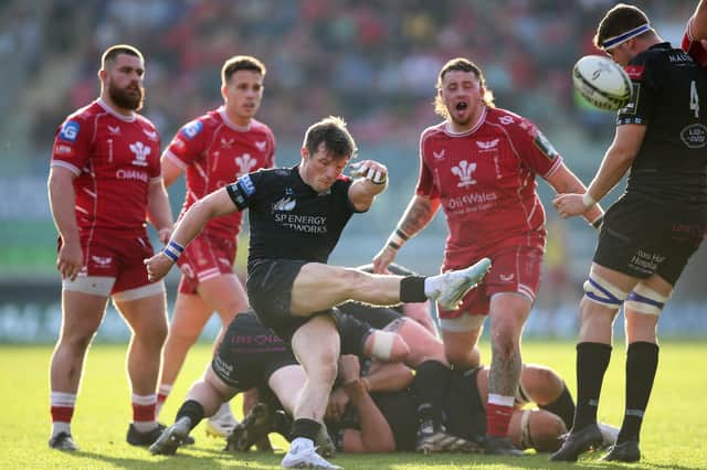 Glasgow Warriors' George Horne kicks the ball during the ECPR European Challenge Cup semi-final match at the Parc y Scarlets, Llanelli.