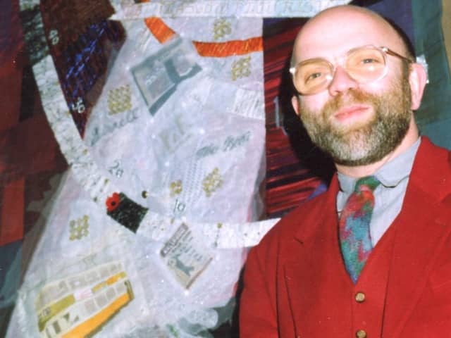 Malcolm Lochhead with his November 1990 Keeping Glasgow in Stitches banner