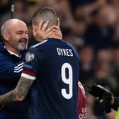 Steve Clarke embraces Lyndon Dykes at full-time after the 3-2 win over Israel at Hampden (Photo by Craig Foy / SNS Group)
