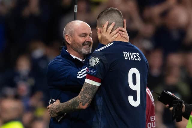 Steve Clarke embraces Lyndon Dykes at full-time after the 3-2 win over Israel at Hampden (Photo by Craig Foy / SNS Group)