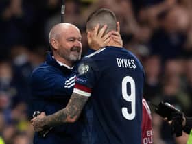 Steve Clarke embraces Lyndon Dykes at full-time after the 3-2 win over Israel at Hampden (Photo by Craig Foy / SNS Group)