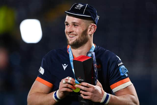 Magnus Bradbury was presented with a commemorative cap to mark his 100th game for Edinburgh, against Benetton last month. Picture: Paul Devlin/SNS