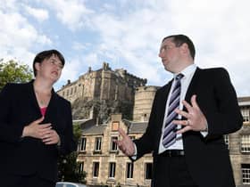Former Scottish Conservative leader Ruth Davidson MSP alongside Scottish Conservative MP Douglas Ross in Edinburgh, after he confirmed he will stand for leadership of the Scottish Conservatives following the sudden resignation of Jackson Carlaw after less than six months in the post.