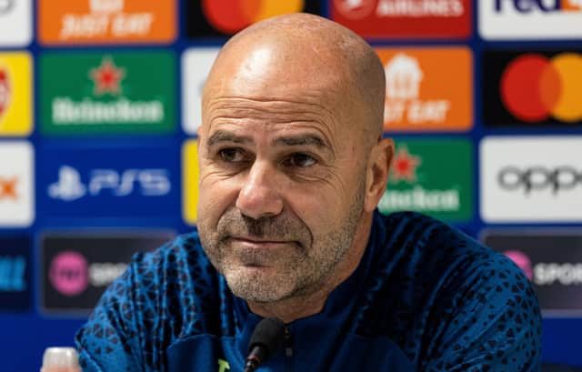 Peter Bosz during a PSV Eindhoven press conference ahead of facing Rangers.
