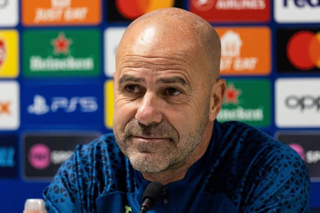 Peter Bosz during a PSV Eindhoven press conference ahead of facing Rangers.