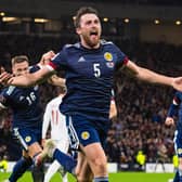 Scotland’s John Souttar celebrates after scoring to make it 1-0 against Denmark. (Photo by Ross MacDonald / SNS Group)