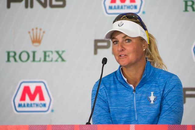 Anna Nordqvist speaks at a press conference ahead of the Solheim Cup at Inverness Golf Club in Toledo, Ohio. Picture: Tristan Jones.