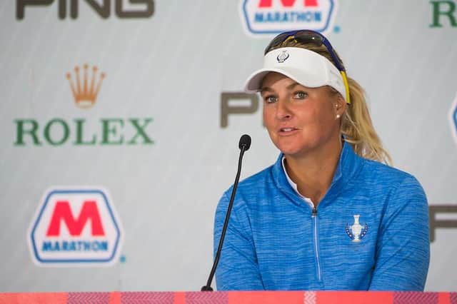 Anna Nordqvist speaks at a press conference ahead of the Solheim Cup at Inverness Golf Club in Toledo, Ohio. Picture: Tristan Jones.