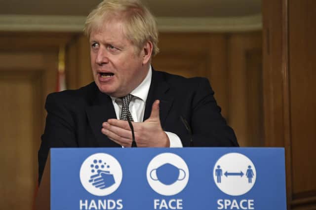 Boris Johnson during Saturday's media briefing in Downing Street on the return of lockdown in England