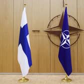 Finnish, Nato and US flags during a Nato foreign ministers' meeting at the Alliance's headquarters in Brussels. Picture: Johanna Geron/AFP via Getty Images