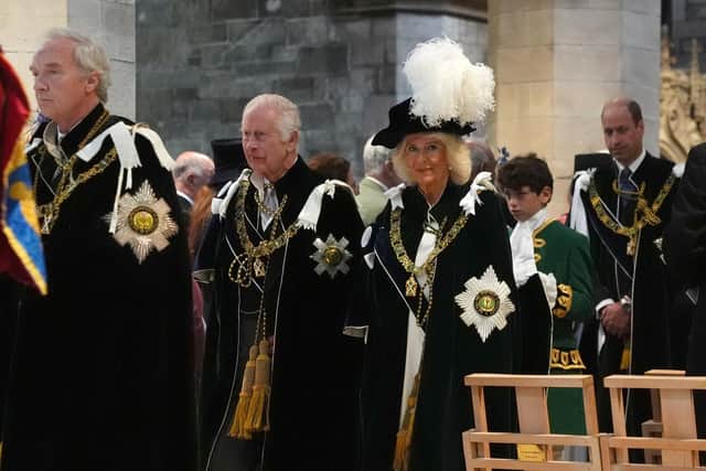 King Charles III and Queen Camilla leave after attending the Order of the Thistle Service at St Giles' Cathedral in Edinburgh. Picture: Andrew Milligan/PA Wire